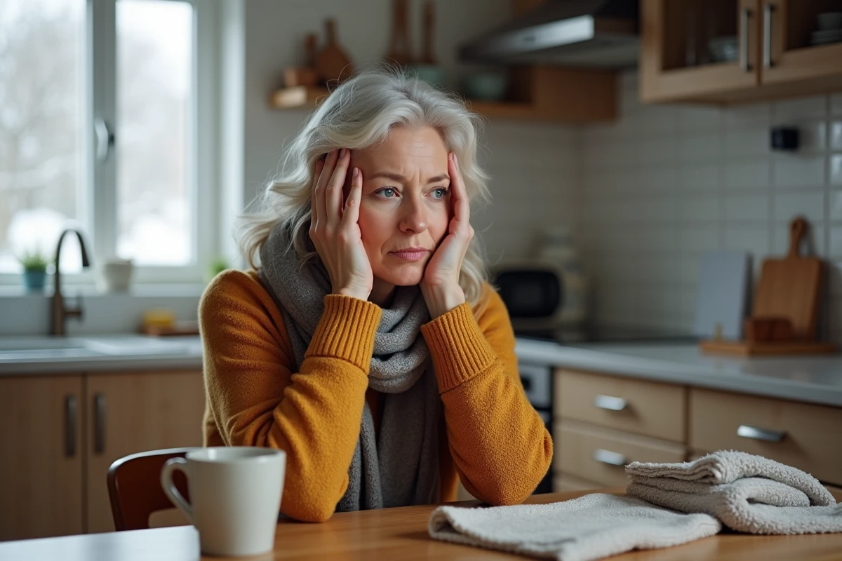 Femme d'âge moyen pensant dans sa cuisine en hiver