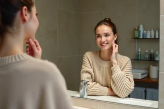 Jeune femme regardant son reflet dans le miroir de la salle de bain