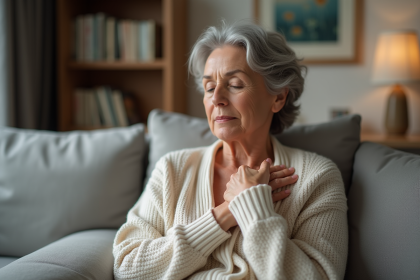 Femme détendue massant la paume dans un salon cosy