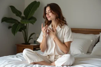 Femme détendue dans un lit avec décor naturel