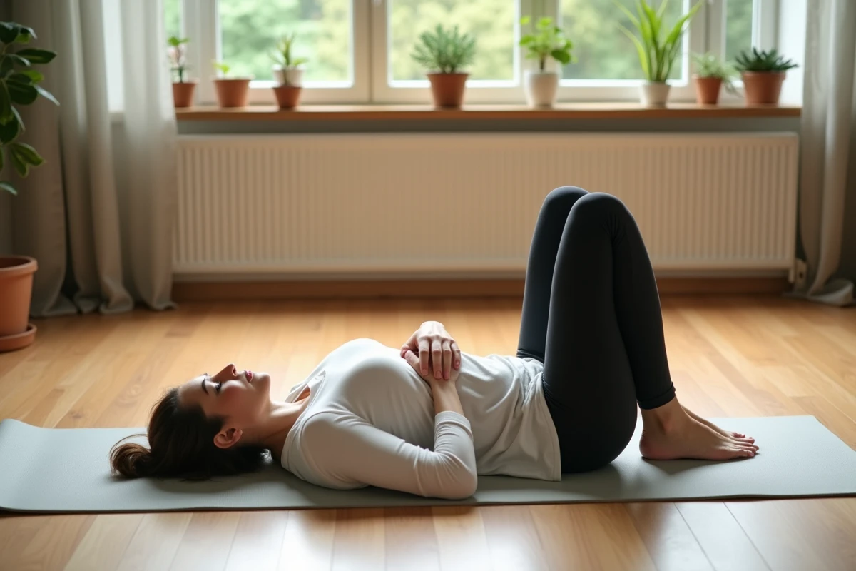 Femme allongée sur un tapis de yoga pratiquant une respiration consciente pour soulager une douleur intercostale