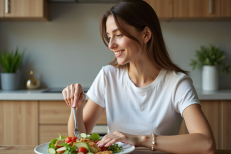 Jeune femme mangeant une salade dans une cuisine moderne