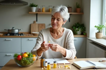 Femme r&eacute;fl&eacute;chissant &agrave; ses compl&eacute;ments dans une cuisine lumineuse