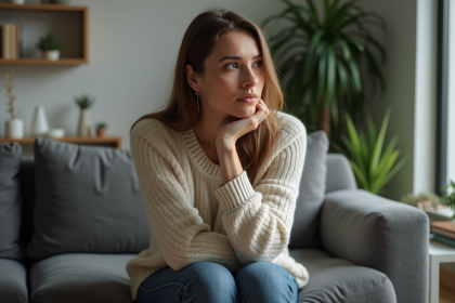 Femme assise sur un canapé moderne dans un salon cosy