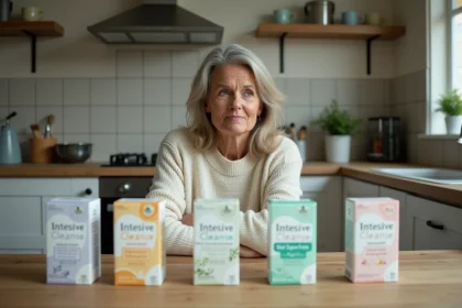 Femme examinant des produits de nettoyage intestinal &agrave; la maison