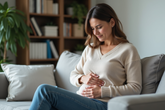 Femme en réflexion touchant son abdomen pour {titre}
