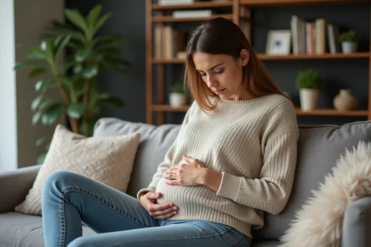 Femme en sofa se tenant le ventre avec souci