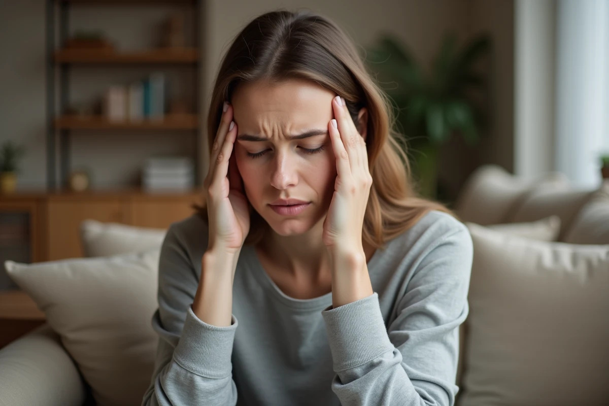 Femme fatiguée ressentant les symptômes d'une anémie liée à un TCMH bas assise sur un canapé