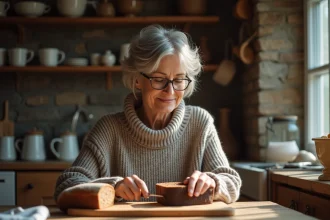 Femme d'âge moyen tranche un pain de seigle dans une cuisine chaleureuse