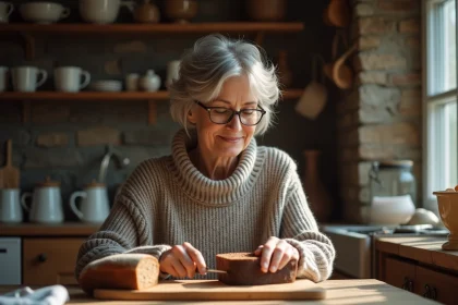 Femme d'âge moyen tranche un pain de seigle dans une cuisine chaleureuse