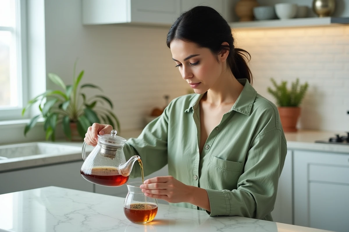 Femme versant une infusion de thym depuis une théière en verre dans une cuisine moderne au style scandinave