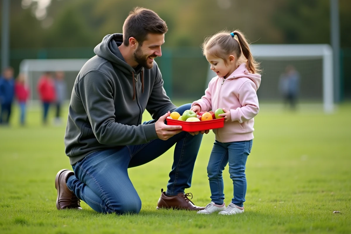 Fille et p&egrave;re avec bo&icirc;te &agrave; lunch sur terrain de sport