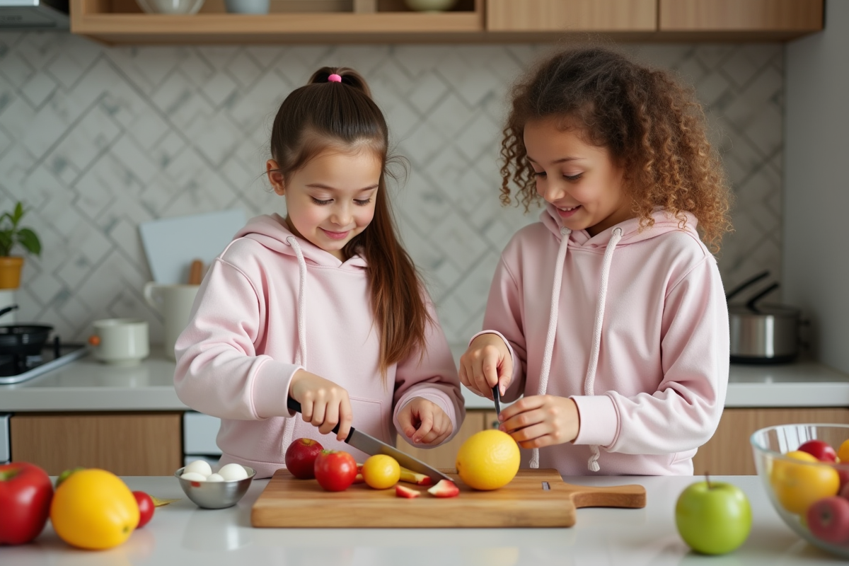 Deux filles préparant une salade de fruits dans une cuisine moderne