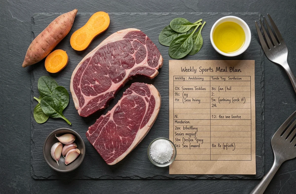 Flat-lay de viande rouge maigre et ingrédients nutritifs pour un plan alimentaire de sportif