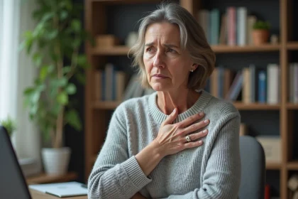 Femme d'âge moyen tenant sa main droite avec une expression d'inconfort, symbolisant les fourmillements dans la main