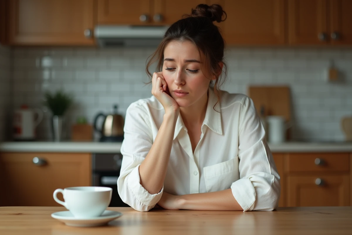 Femme à la maison regardant sa main droite posée sur une table, exprimant une inquiétude liée aux fourmillements