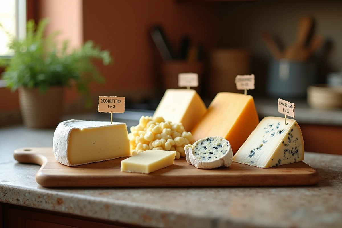 Sélection de fromages adaptés aux diabétiques sur une planche en bois avec étiquettes nutritionnelles