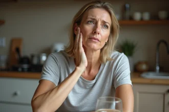 Femme de 45 ans touchant un ganglion lymphatique du côté gauche du cou avec une expression préoccupée