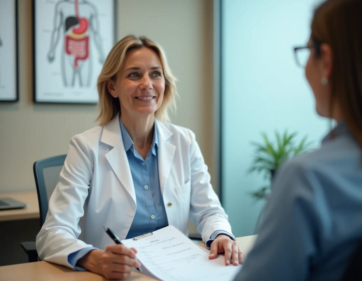 Gastroentérologue en consultation expliquant la différence entre intolérance au gluten et sensibilité digestive à une patiente