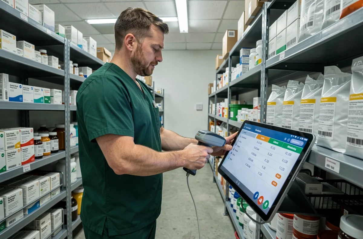 Technicien vétérinaire gérant les stocks de médicaments avec un scanner et un logiciel de gestion dans une réserve de clinique