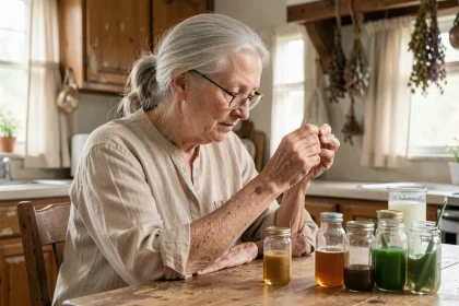 Grand-mère examinant une verrue séborrhéique sur son avant-bras avec des remèdes naturels sur une table en bois