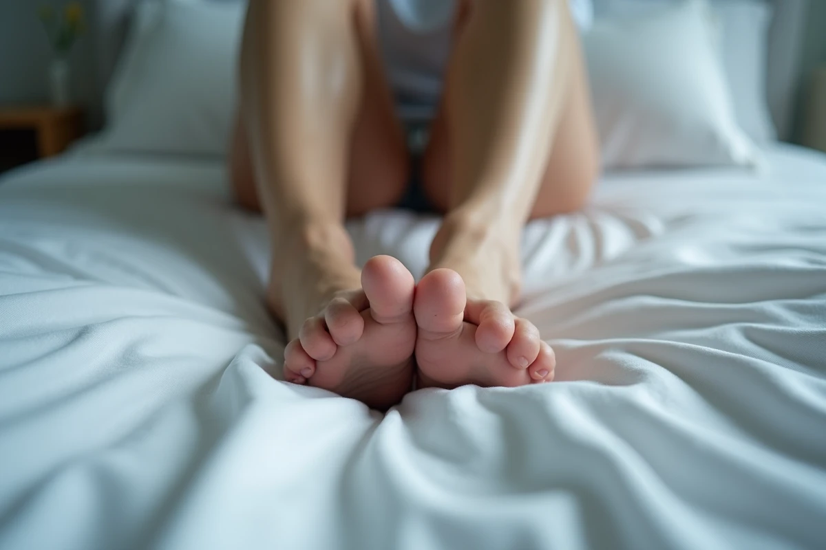 Gros plan sur des jambes d'adulte dans un lit, mollet contracté et pied en extension caractéristique d'une crampe nocturne