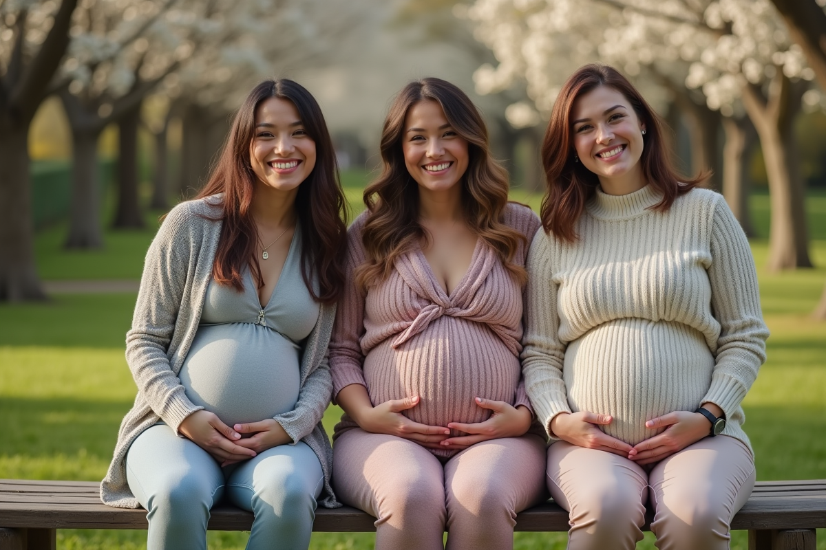 Groupe de futures mamans assises dans un parc au printemps