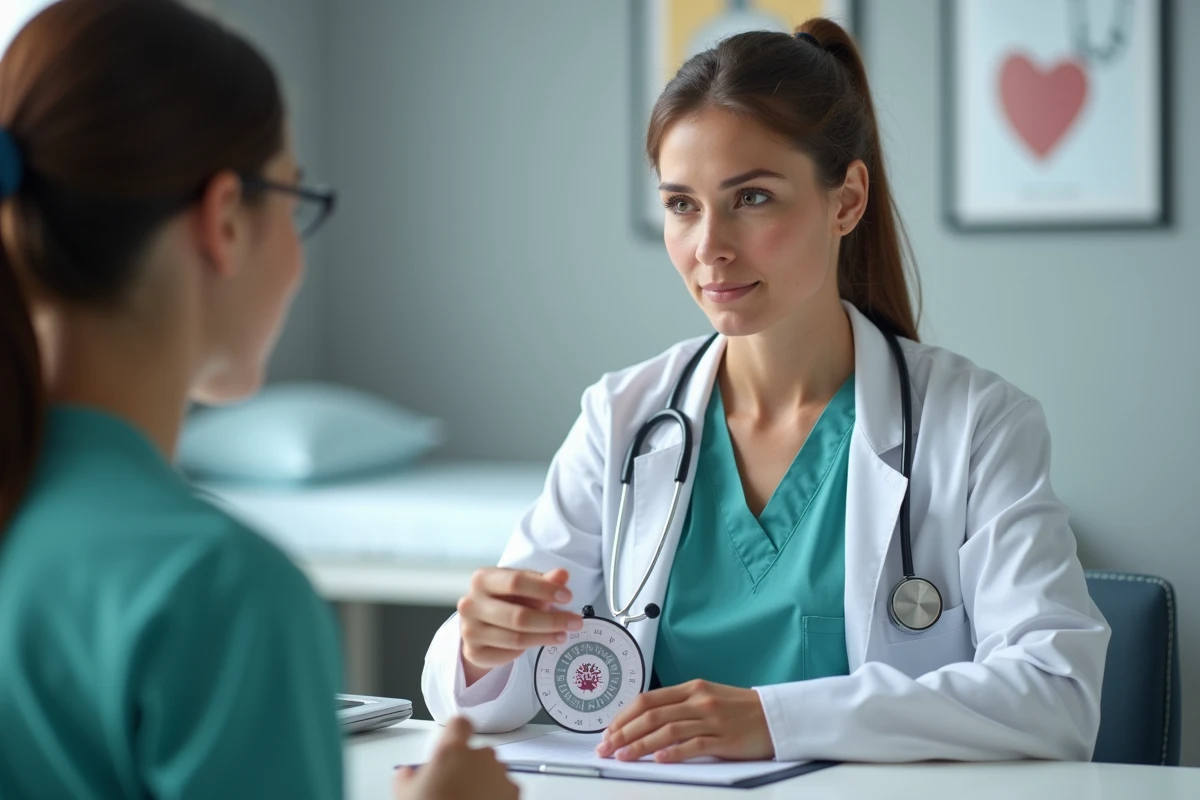 Gynécologue obstétricienne expliquant le calcul du terme de grossesse avec une roue gestationnelle en consultation médicale