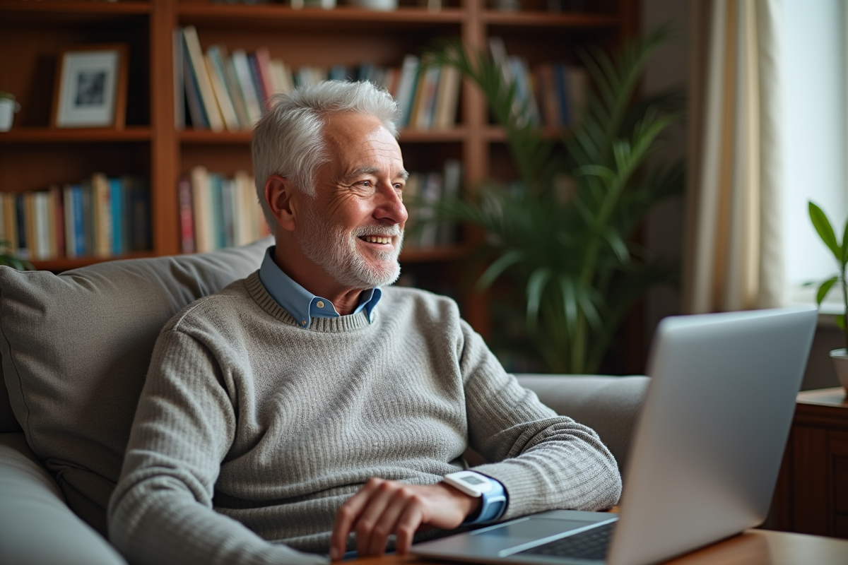 Homme âgé utilisant un dispositif de suivi santé à la maison