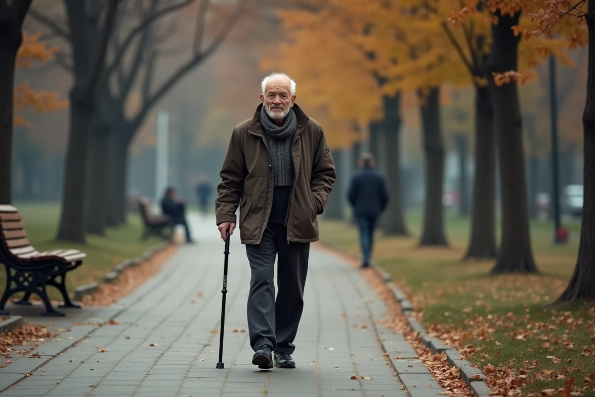 Homme âgé marchant avec une canne dans un parc automnal