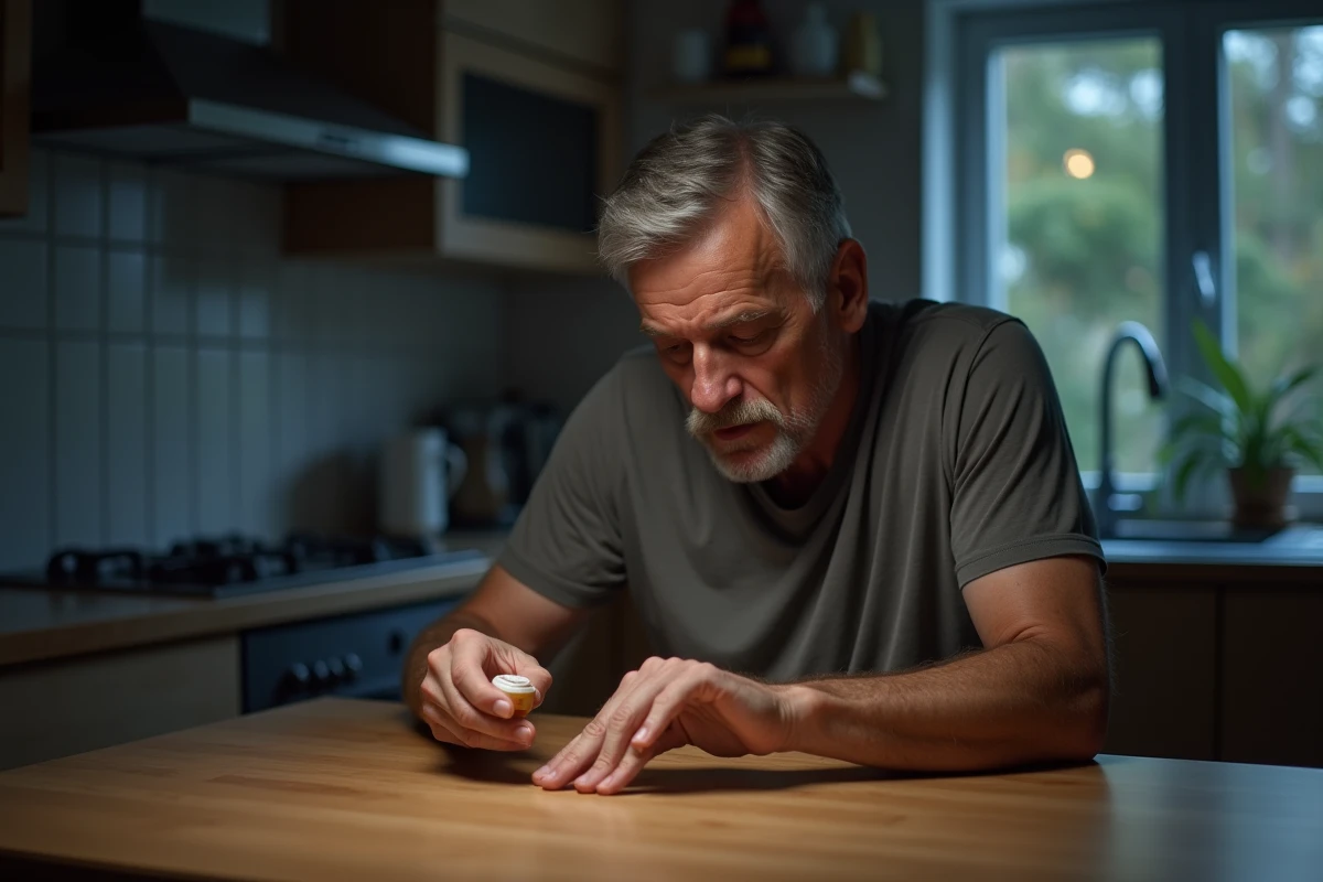 Homme appliquant une pommade sur son doigt dans la cuisine