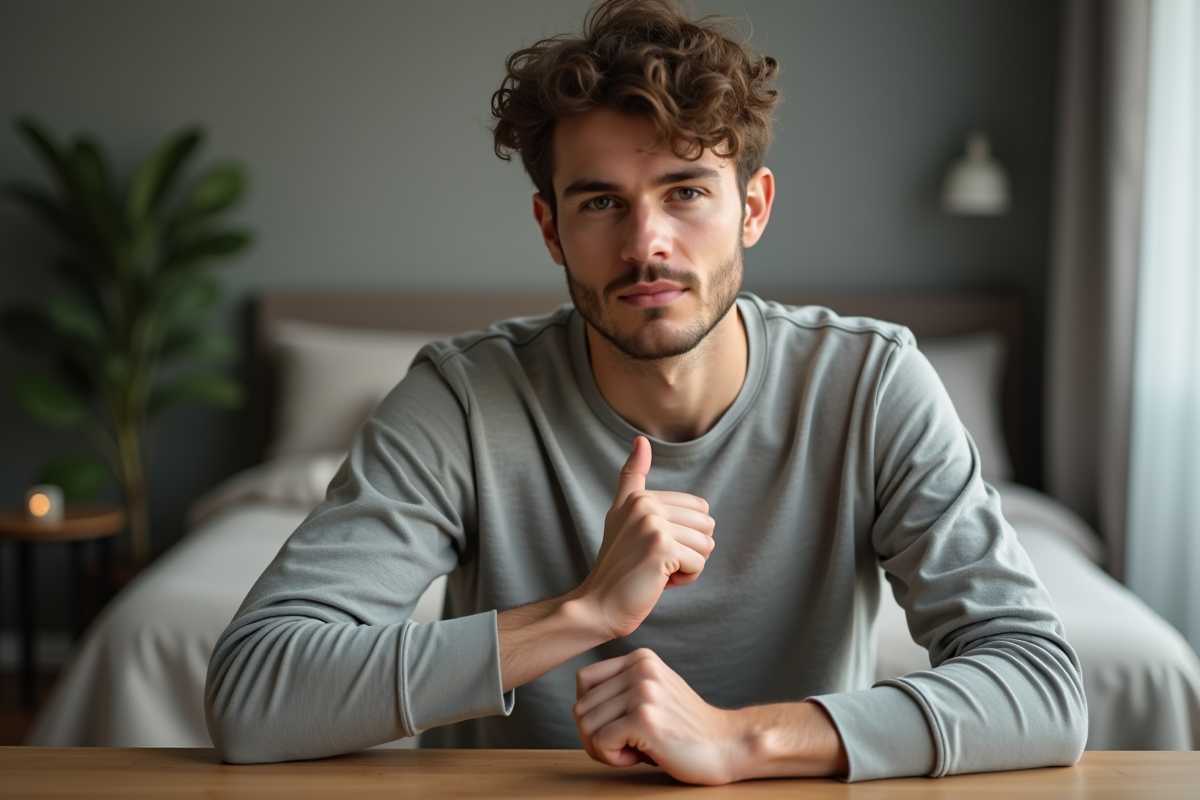 Jeune homme faisant un auto-massage du pouce dans sa chambre