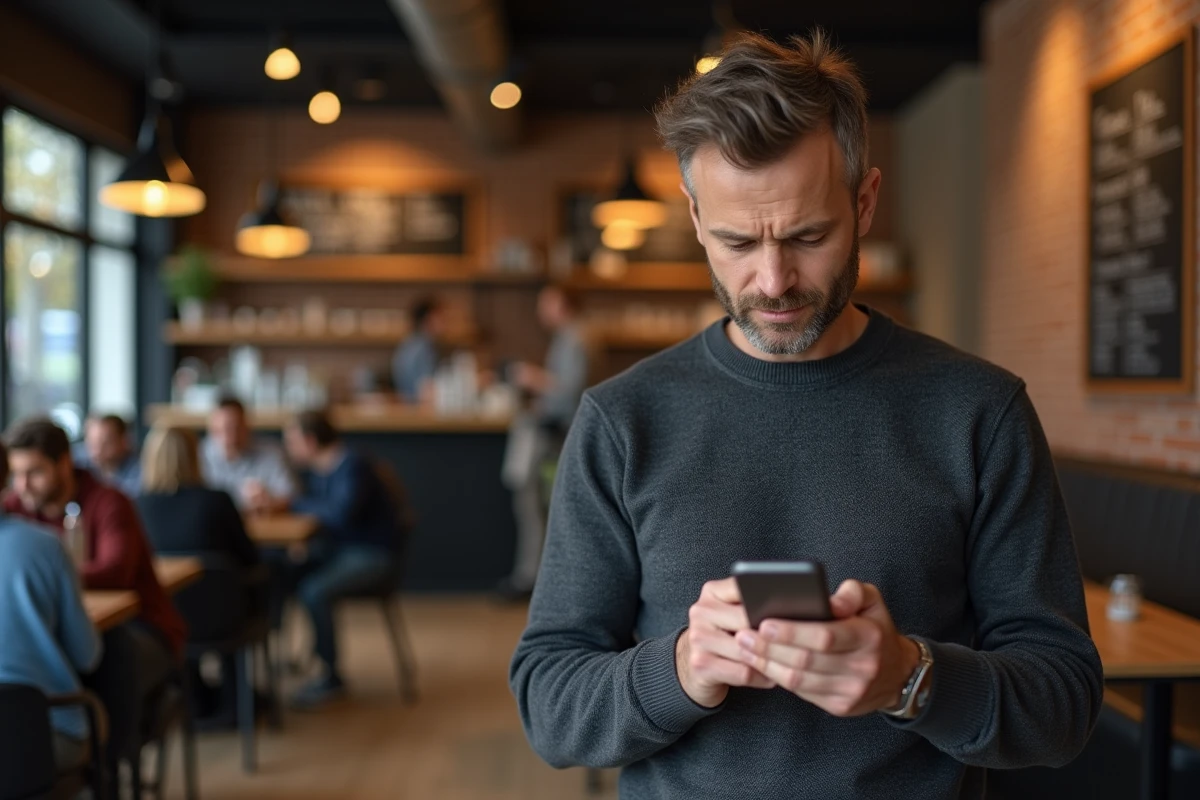 Homme consultant des avis en ligne sur smartphone dans un café pour identifier les critiques authentiques