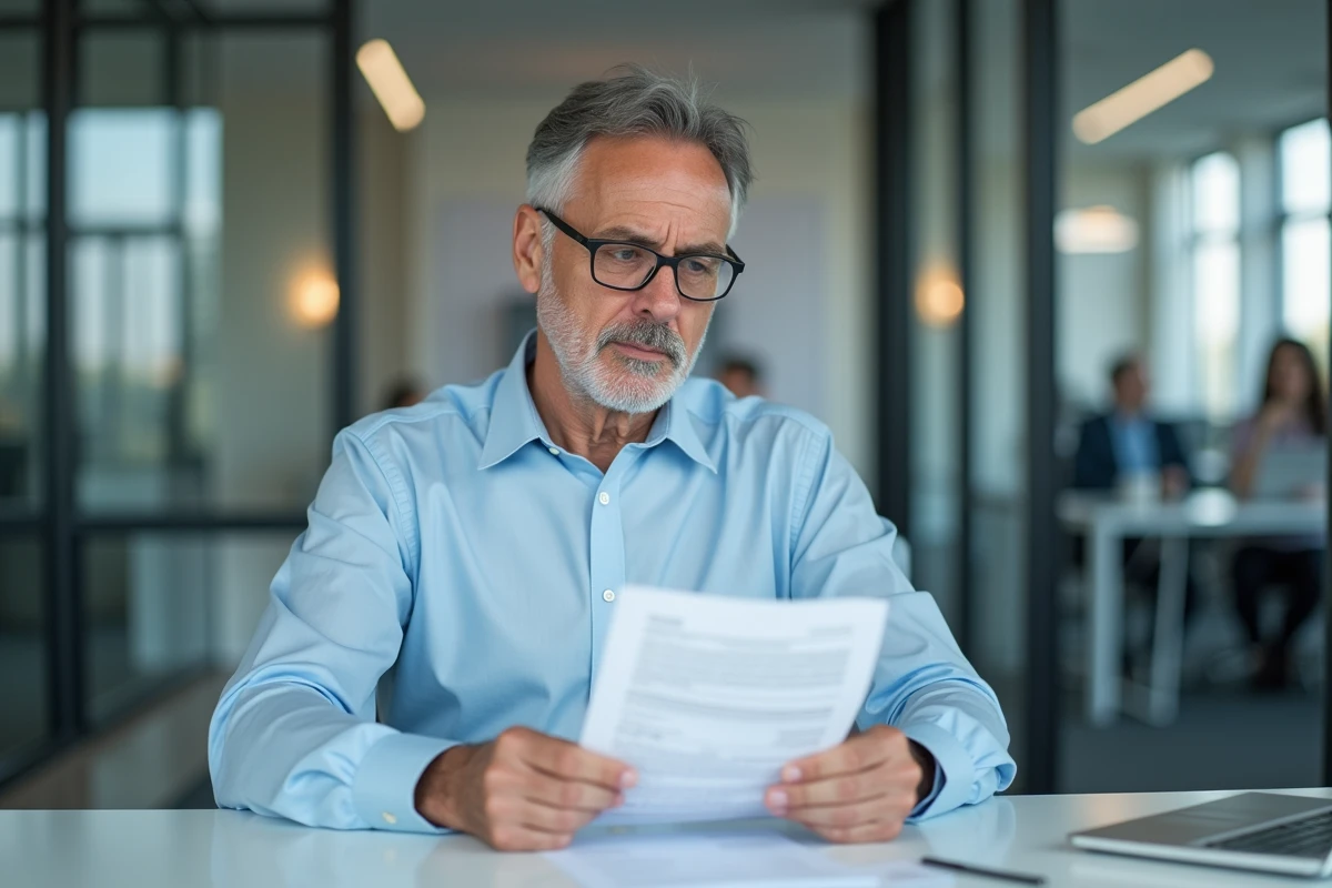 Homme en bureau consultant un document de remboursement mutuelle santé Plansante NoveoCare