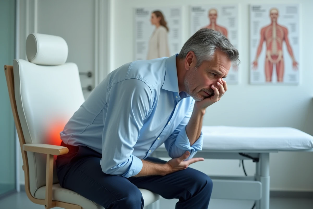 Homme assis en consultation médicale souffrant de douleurs aux lombaires et aux fesses, illustrant une évaluation clinique de la lombalgie