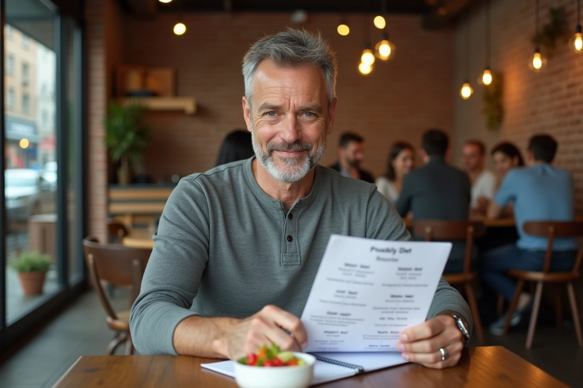 Homme consultant son menu de régime hebdomadaire structuré avec un repas équilibré dans un café urbain