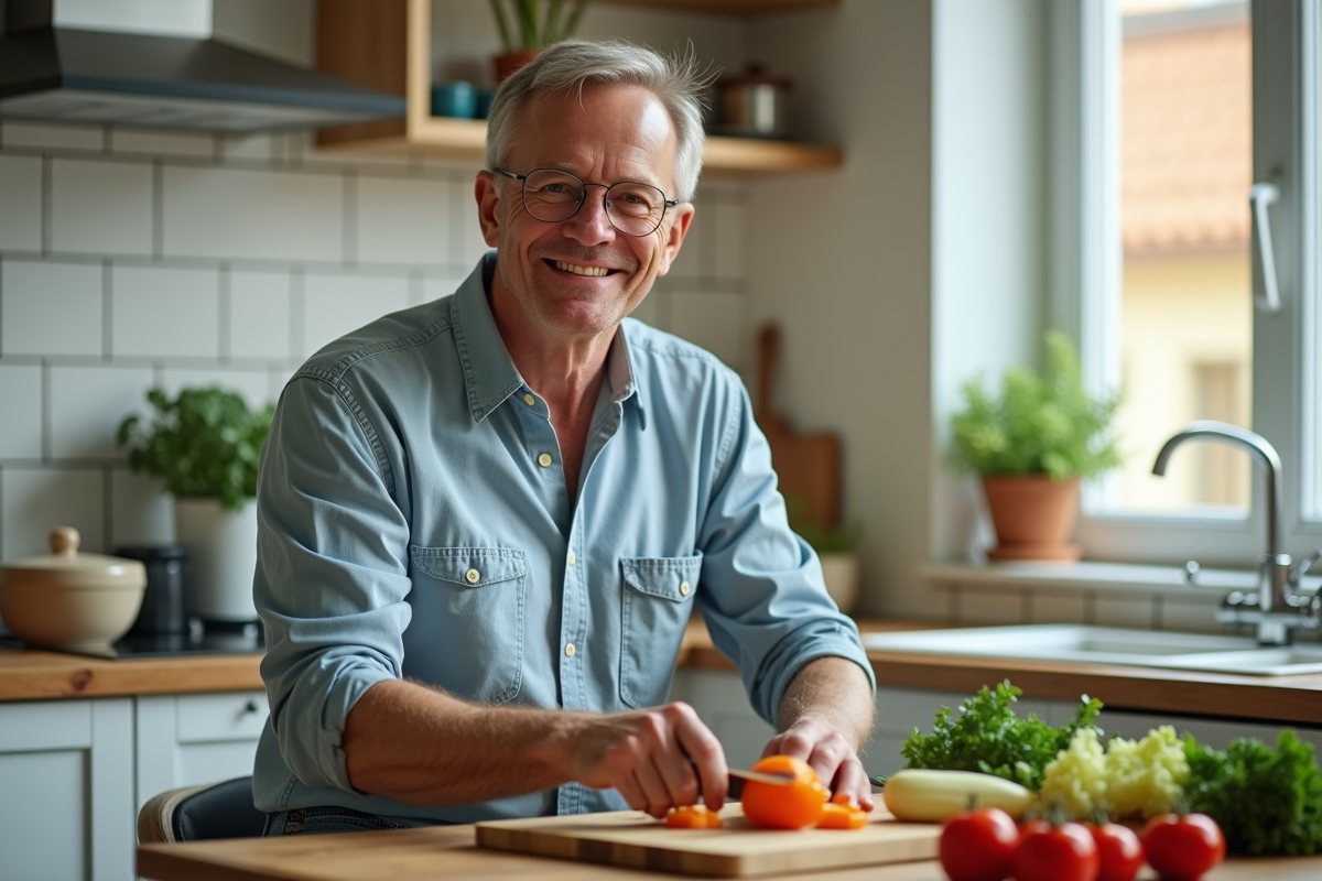 Homme préparant des légumes dans une cuisine lumineuse