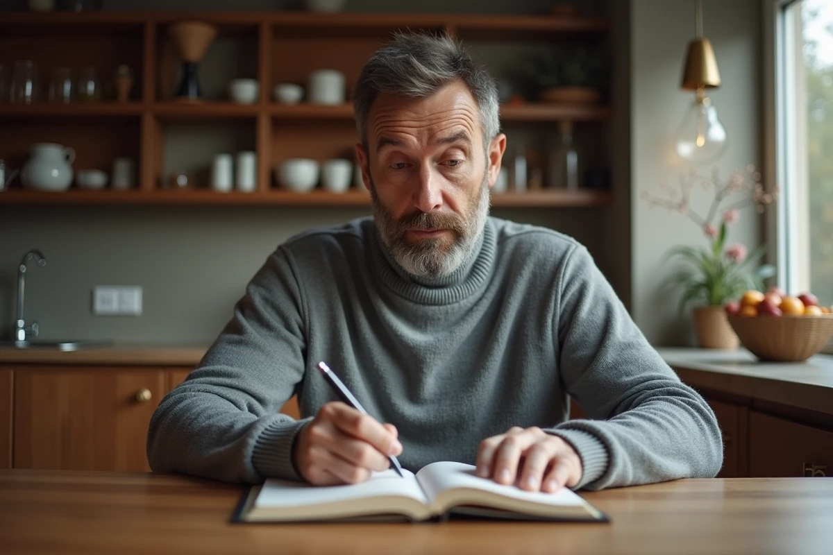 Homme assis &agrave; la cuisine pensif avec un carnet et un stylo