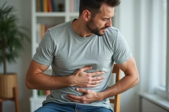 Homme tenant son côté droit en raison d'une douleur intercostale, assis sur une chaise en bois dans un intérieur minimaliste