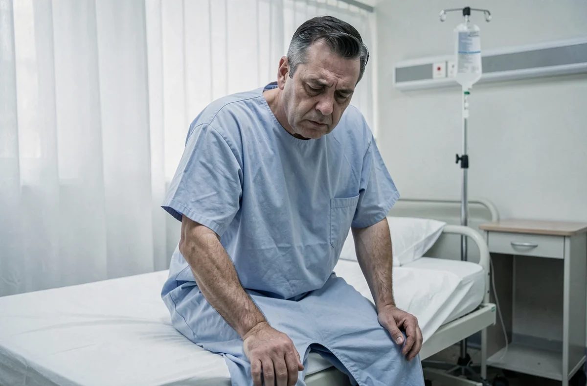 Homme affaibli assis sur un lit d'hôpital, illustrant les conséquences médicales graves d'un manque de nourriture prolongé