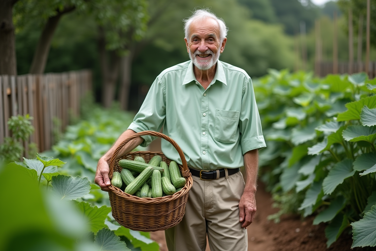 Homme âgé tenant un panier de concombres dans le jardin