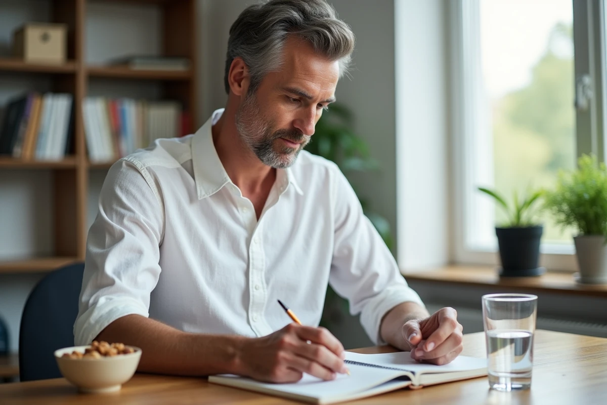Homme consultant un journal alimentaire à son bureau, symbolisant un suivi rigoureux et méthodique pour maigrir durablement