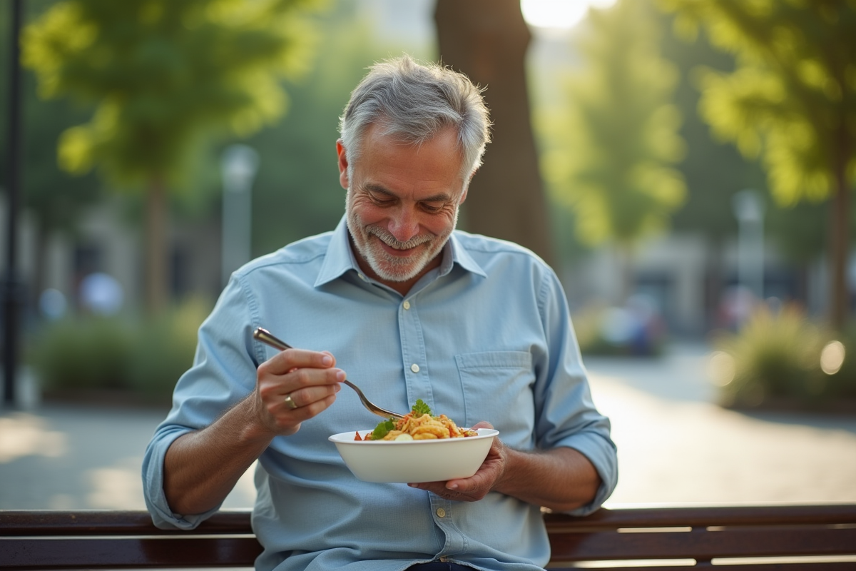 Homme détendu mangeant en plein air dans un parc urbain