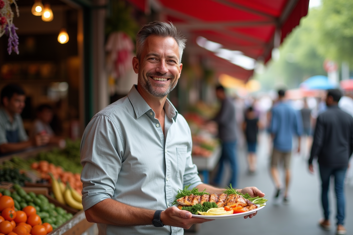 Homme souriant avec un plat de poisson au marché urbain