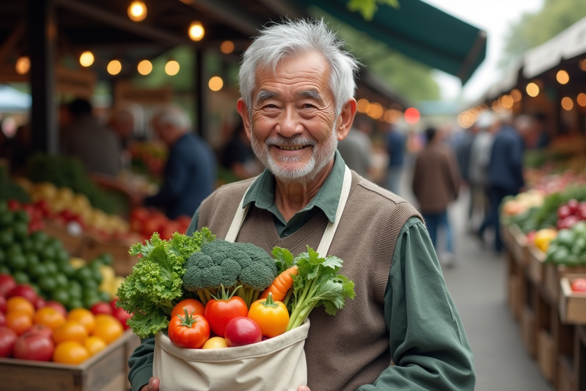 Homme âgé dans un marché fermier avec sac de courses coloré