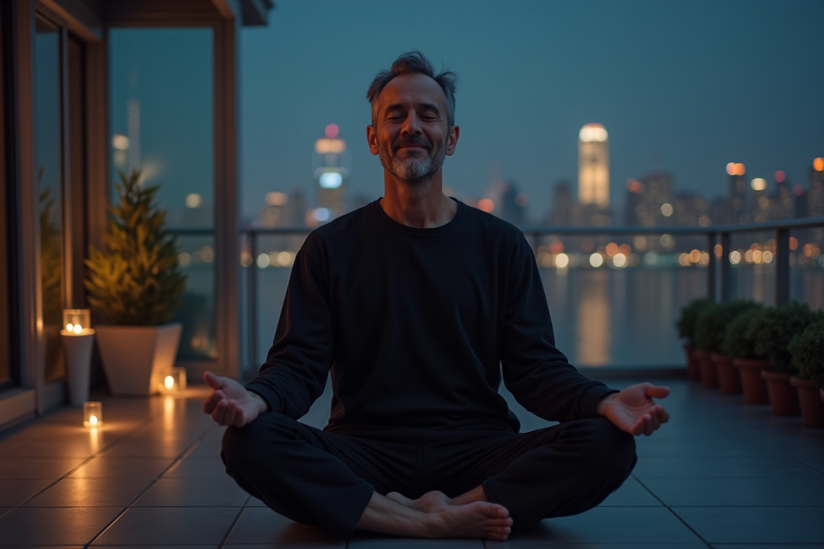 Homme méditant sur un balcon la nuit