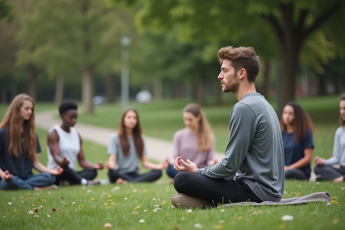 Jeune homme guidant groupe en plein air