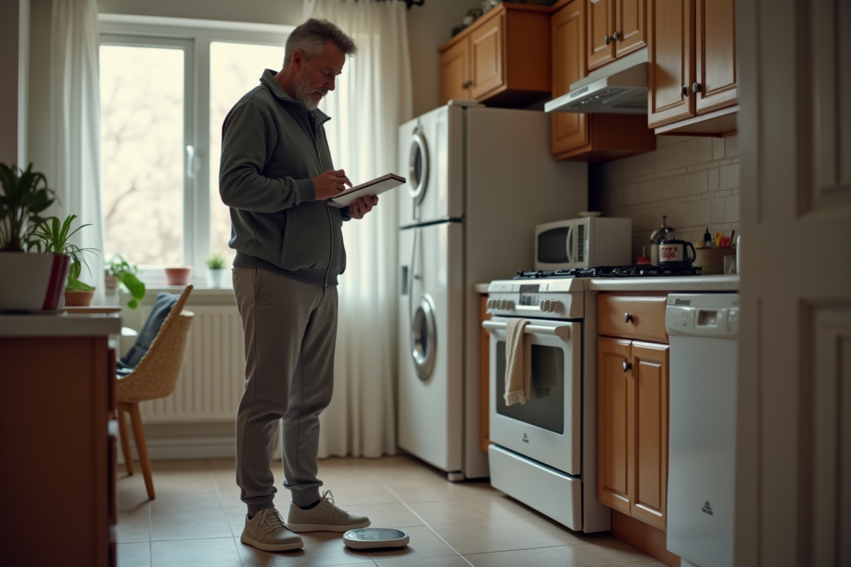 Homme mesurant son poids dans une cuisine chaleureuse