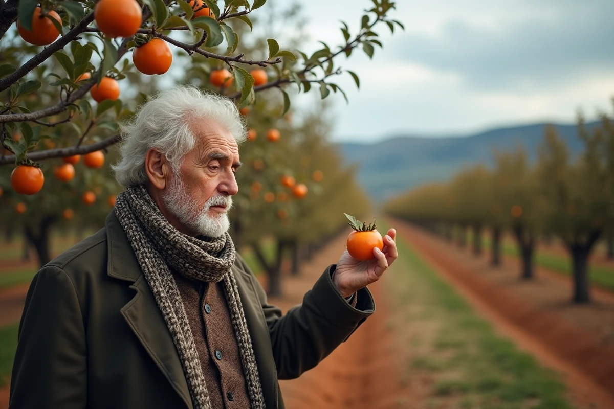 Homme âgé examinant des kakis dans un verger en plein air