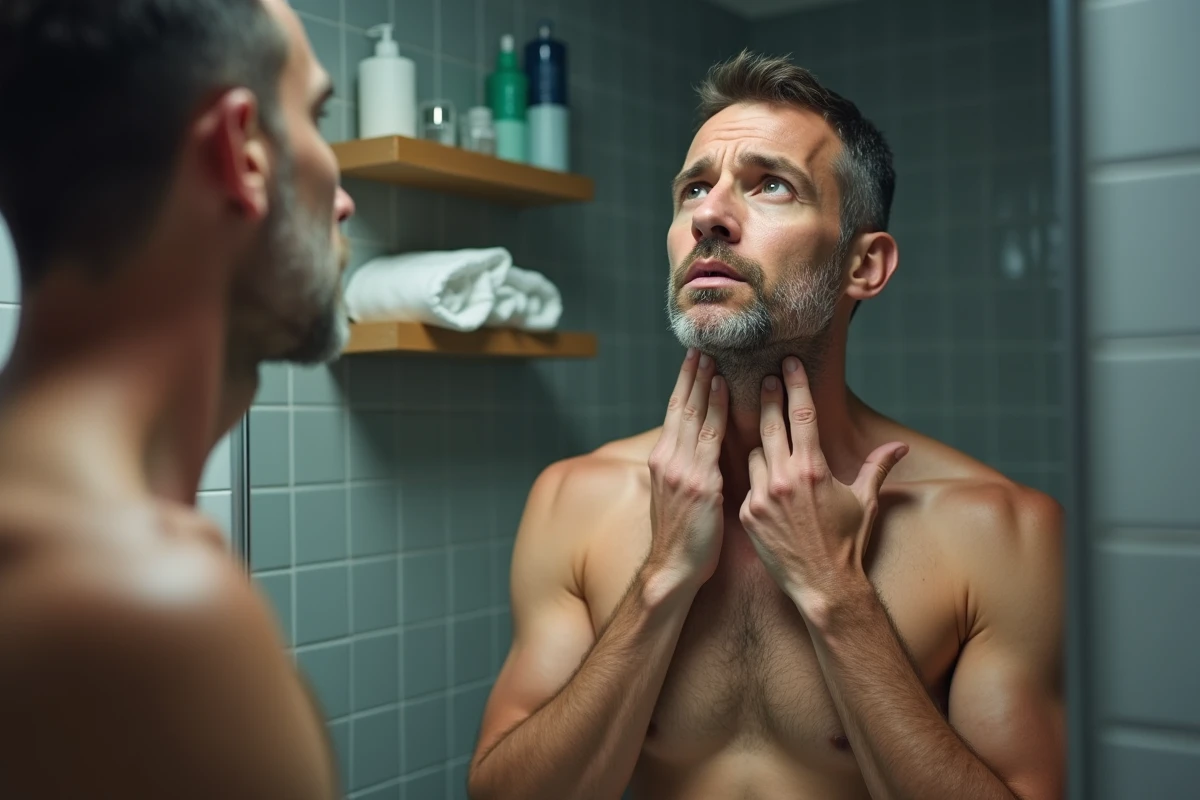 Homme examinant un ganglion lymphatique du côté gauche du cou devant un miroir de salle de bain